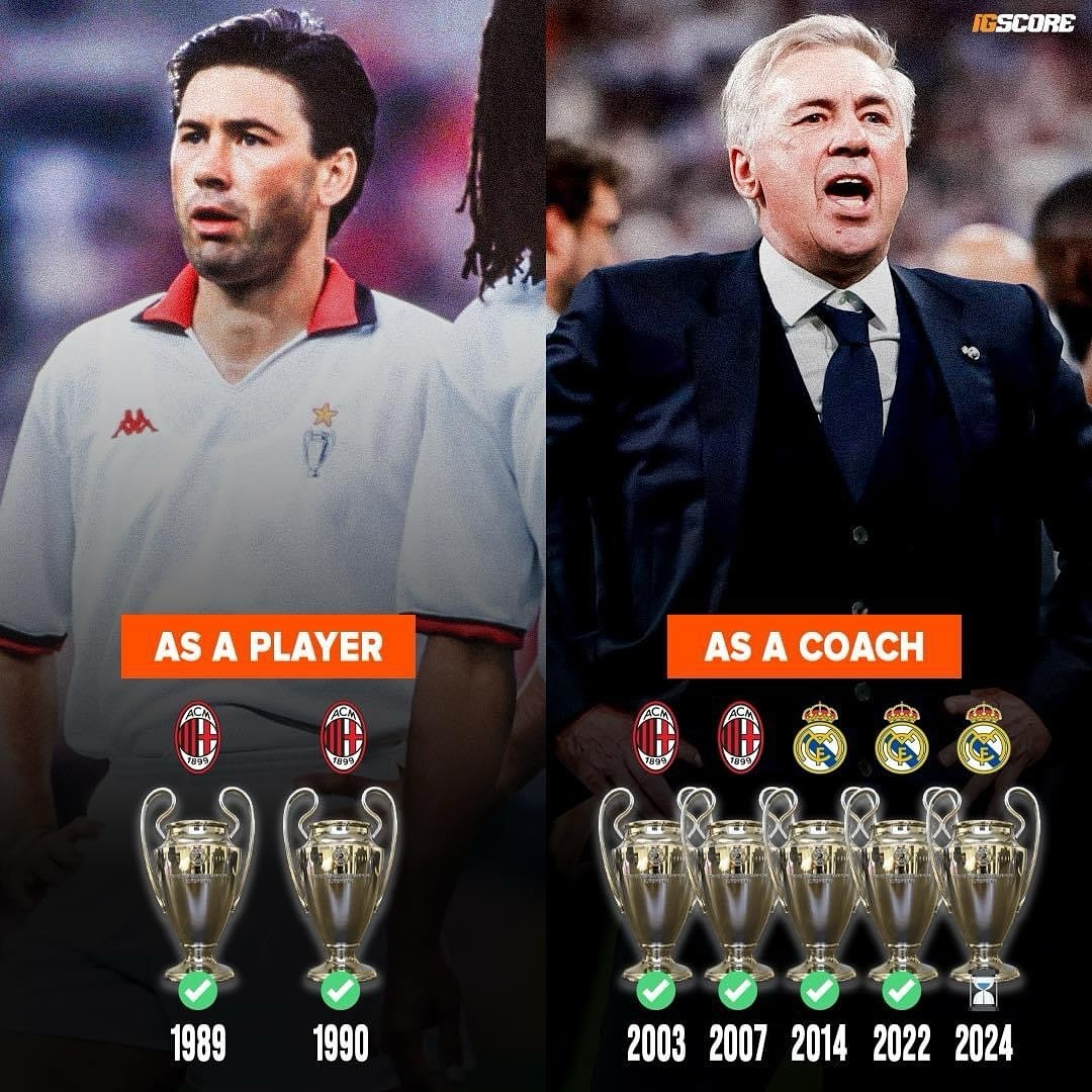 第7冠在招手安切洛蒂球员+教练时期六夺欧冠：米兰4次皇马2次