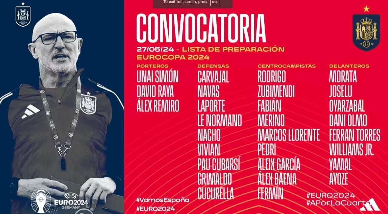 西班牙欧洲杯初选名单：纳乔、罗德里领衔，亚马尔、格里马尔多入选